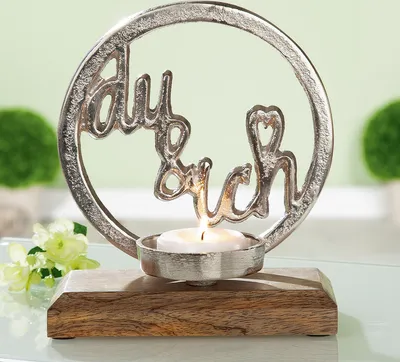 Produktbild von GILDE Alu Mangoholz Teelichthalter Du & Ich 20 cm Schriftzug Liebe Love Aufsteller
