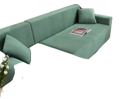 Produktbild von Samt Sofabezug, L-förmiges Design, hochdehnbare Stoff, Cyan-blau, 3-Sitzer-3-Sitzer-e