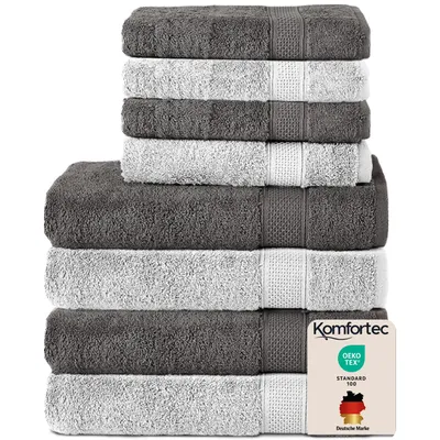 Produktbild von Komfortec 8er Handtuch Set aus 100% Baumwolle, 4 Badetücher 70x140 und 4 Handtücher 50x100 cm, Frottee , Weich,Groß, Anthrazit/Weiß