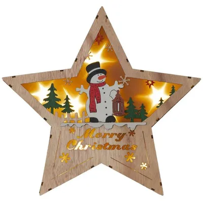 Obrázek produktu pro Dřevěná hvězda s motivem sněhuláka, 8 LED, teplá bílá