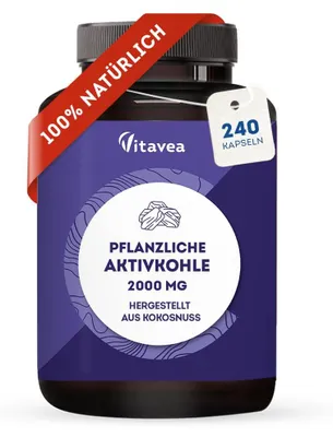 Produktbild von Aktivkohle Tabletten - 2000 mg - 240 Tabletten - 100% Natürlich - Aktivkohle aus Kokosnuss - Vitavea