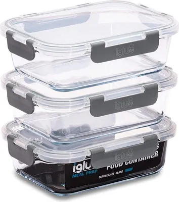 Image de Ensemble de 3 récipients de préparation de repas Unyqoos® – 1050 ml, en verre borosilicaté, avec couvercles étanches à fermeture sécurisée et joint en silicone, sans BPA, dimensions 21×16×7 cm, adaptés au four, au micro-ondes et au lave-vaisselle