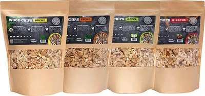 Produktbild von Räucherchips von JSM® | 100% Natürliche Smoker-Holzchips für besondere Rauch- und Geschmackserlebnisse | Für alle Grills geeignet | Extra große Packung - 1 kg (4er SET)