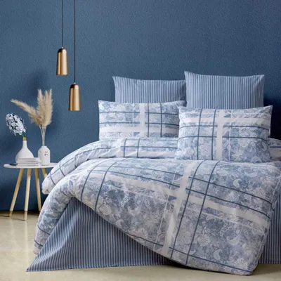 Produktbild von aboutyourhome bettwäsche Bettwäsche Baumwolle 135x200 80x80 Blumen Karo Blau, 2tlg.