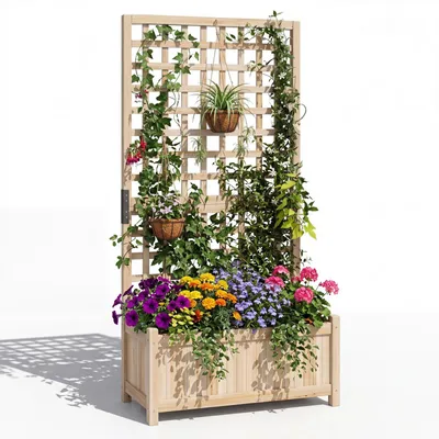 Produktbild von KOMFOTTEU Hochbeet mit Rankgitter aus Tannenholz, Pflanzkasten mit Spalier & Drainagelöchern, Pflanzkübel für Gemüse, Kräuter, Blumen & Kletterpflanzen, für Balkon, Terrasse, Garten, 76x32x143 cm