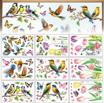 Produktbild von 9pcs Fensteraufkleber, Tulpen, Schmetterlinge, Blumen und Kolibris, Fensterfolie zur Vermeidung von Vogelkollisionen, für Zuhause, Partys, Geschäfte