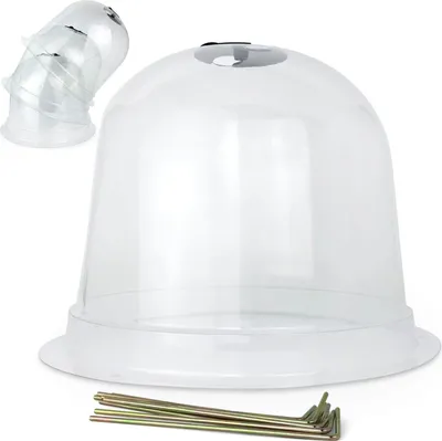A clear plastic plant protector dome and stakes on a white background.
