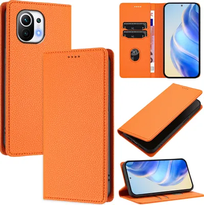 Obrázek produktu pro Kožené pouzdro pro Xiaomi Mi 11, Litschi kůže, peněženkové pouzdro s přihrádkami na karty a stojánkem Pomerančový
