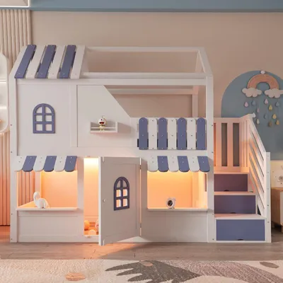 Immagine prodotto di Letto a castello per bambini, 90x200 cm, con scaletta e spazio contenitivo. Letto a castello a forma di casetta, realizzato in pino, compensato e MDF, con illuminazione a LED, scaffali e una porta