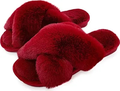 Produktbild von ASKSA Hausschuhe Damen Plüsch Schlappen mit Fell, Bequem Open Toe Winter Warme Pantoffeln, Rotwein, Größe: 36-37