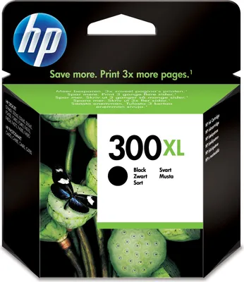 The image shows the packaging of an HP 300XL black ink cartridge, featuring a close-up of lotus seed pods and a butterfly.