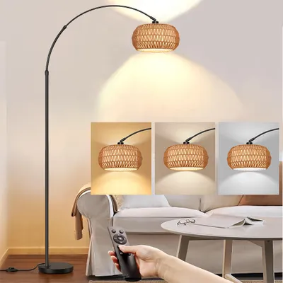 Immagine prodotto di Lampada da terra in rattan Boho Lampada da terra dimmerabile App control Lampada da terra regolabile in altezza con telecomando per camera da letto soggiorno ufficio