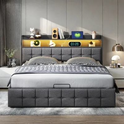 Produktbild von 140 x 190 cm großes Stauraumbett in grauem Kunstleder mit RGB-LED-Beleuchtung, Kopfteil mit USB-/Typ-C-Anschlüssen und integriertem Stauraum
