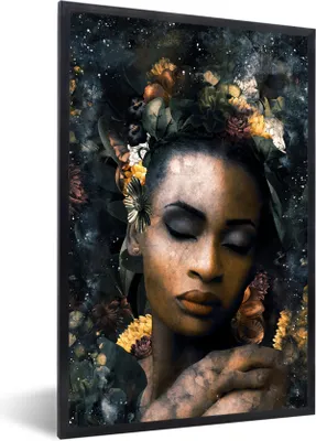 Produktbild von MuchoWow® MuchoWow® Gerahmtes Poster Blumen - Frau - Gold 40x60 cm - Poster mit zchwarzem Bilderrahmen - Papierdruck - Wandbilder