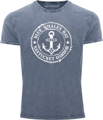 Produktbild von Herren Vintage Shirt Anker Motiv maritim Retro Anchor Badge Vintage Printshirt Used Look Slim Fit Neverless®  blau/weiß L