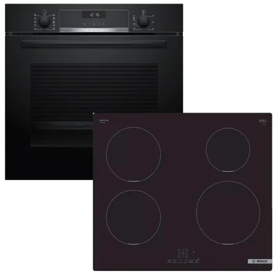 Produktbild von Herdset BOSCH Backofen EcoClean Teleskopauszug + Induktionskochfeld PowerBooster autark 60 cm
