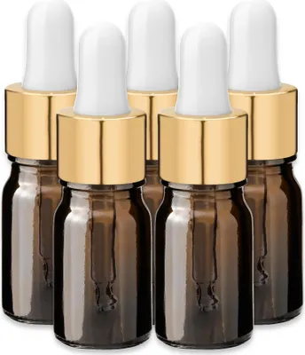 Produktbild von 5x Glasflasche braun 10 ml mit goldener Aluminium Pipette Tropfflasche