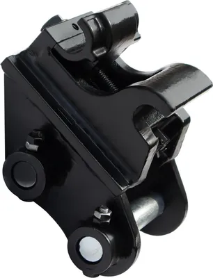 A black metal excavator quick coupler is shown against a white background.