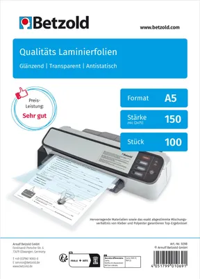 Produktbild von Betzold Laminierfolien DIN A5, 100 Stück, glänzend oder matt, Stärke: 150 mic, Oberfläche: glänzend