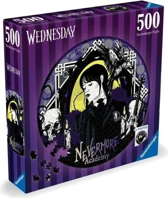 Image de Puzzle rond de 500 pièces Mercredi Addams. Bandes dessinées et dessins animés. À partir de 10 ans. Ravensburger