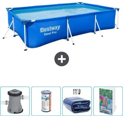 Produktbild von Rechteckiges Stahl-Schwimmbad - 300 x 201 x 66 cm - Blauw - Mit Pumpe - Filter - Sonnenschutz - Schwimmbad-Buch