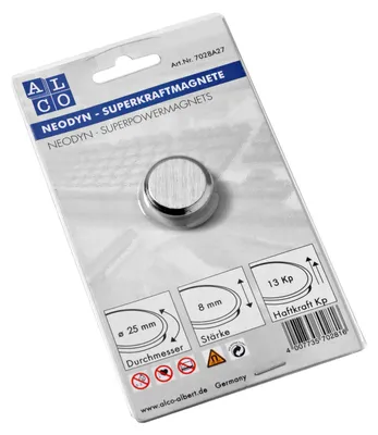 Productafbeelding van Alco superkrachtige magneten, zilverkleurig, diameter 25 mm, hechtkracht 13 kg, 1 stuk
