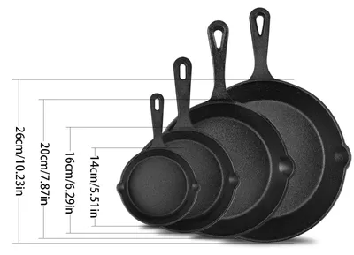 Image de Set de poêles en fonte - Set de 4 poêles de 14, 16, 20 et 26 cm - Sans revêtement - Compatible avec tous les types de cuisinières et le four - Pour la cuisson à la poêle et au grill