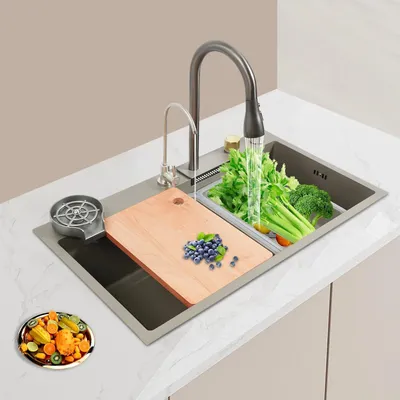 Obrázek produktu pro Kuchyňský dřez – podstavný dvojdřez – 80 × 45 cm – s baterií – nerezová ocel – design s přepadovým okrajem – 2 otvory – světle šedá