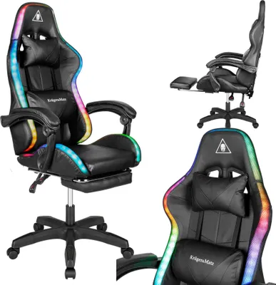 Zdjęcie produktu dla Fotel gamingowy kubełkowy obrotowy podświetlany LED RGB + podnóżek krzesło