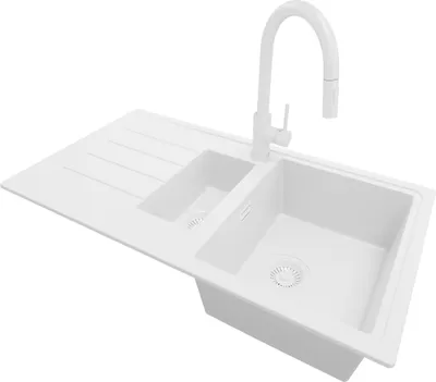 Produktbild von PRIMAGRAN Granitspüle Alles Weiß 90x50cm, Spülbecken 1,5 Becken + Küchenarmatur 40x20cm + Ablauf-Set, Küchenspüle ab 60er Unterschrank - Kopenhagen Duo