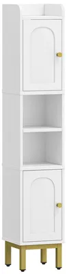 Image de Meuble de salle de bains - Étagère étroite sur pieds - 2 portes et compartiments ouverts - Étagères réglables - Meuble de rangement moderne en bois - Blanc