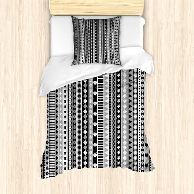 Produktbild von ABAKUHAUS Retro Mantele, Geometrische Band Stripes, Milbensicher Allergiker geeignet mit Kissenbezügen, 135 cm x 200 cm - 80 x 80 cm, Weiß schwarz