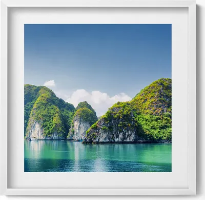 Produktbild von Türkisfarbenes Meer und Klippen– Wandbild mit Rahmen – Gerahmtes Bild  – Wanddekoration – 50x50 cm –  Weiß Rahmen
