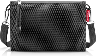 A black mesh clutch bag with a strap and tassel detail.
