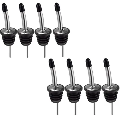 A set of eight stainless steel pour spouts with black rubber stoppers, arranged in two rows on a white background.