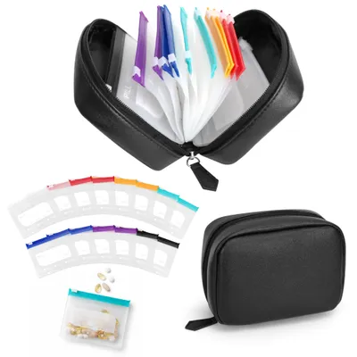 Imagen del producto de Organizador de pastillas, impermeable, con 14 compartimentos codificados por color, con cierre de cremallera, ideal para llevar de viaje