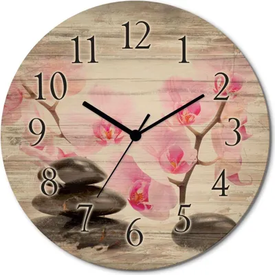 Produktbild von ARTland Holz Wanduhr Funkuhr - schwarzer Zeiger Schwarze Steine und pinke Orchidee Größe: 30x30 cm