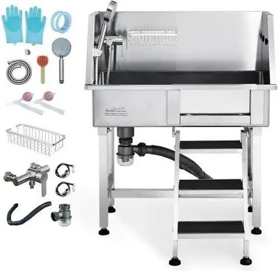 Immagine prodotto di Vasca per cani - Lavabo - Tosatrice per cani - Vasca per cani - Kit di scarico - Tubi per acqua calda e fredda - Tubo di scarico - Per destrimani - Tosatrice per cani - Acciaio inossidabile