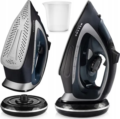 A collage of product shots showing a cordless steam iron and its accessories.