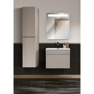 Produktbild von Badmöbel Set Waschtisch 61 cm Keramik Waschbecken Hochschrank IRAKLIO-56-CASHMERE Kaschmir B/H/T ca. 120/200/46 cm