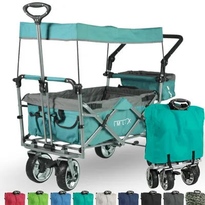 Produktbild von IMLEX Bollerwagen faltbar mit Dach IM-4268 Türkis | Hohe Stabilität, 1X 3-Punkt Gurtsystem | Handwagen klappbar mit Schiebegriff ideal für 2 Kinder