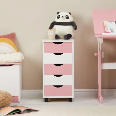 Produktbild von Rollcontainer LAGOS mit 5 Schubladen, Weiß/Rosa - Bürocontainer aus Massivholz, kompakte Maße, praktische Aufbewahrungslösung, robuste Verarbeitung, Rollwagen für Büro und Kinderzimmer