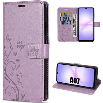 Image de Coque pour Samsung Galaxy A07, Protection Antichoc Anti-Rayures Cuir Synthétique Motif Relief Papillon Violet