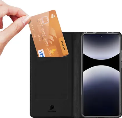 A hand is inserting a credit card into a black phone case with a built-in card holder. A smartphone is visible inside the case.