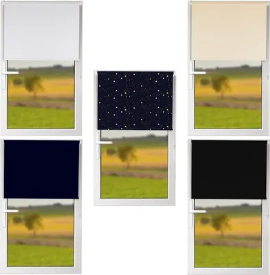 A collage of five different roller blinds installed on windows, showing various colors and patterns against a blurred outdoor landscape.