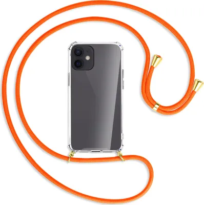 Produktbild von Handykette Backcover-Schutzhülle mit Band (Metall goldfarben) für Apple iPhone 12 Mini - neonorange