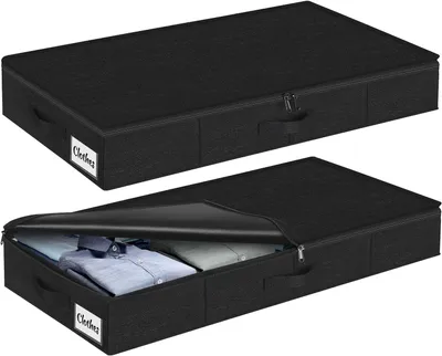 Productafbeelding van Opbergdoos voor onder het bed met deksel - Set van 2 - 12 cm hoog - Opvouwbare onderbedcommode - 3 handgrepen - Dekens