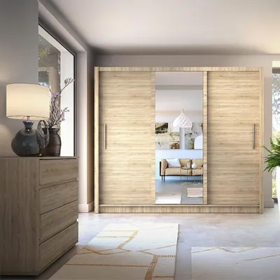 Produktbild von Schlafzimmer Kleiderschrank mit 250 cm Breite in Eiche, 3 Türen & 1 Kleiderstange - BELUSA-166
