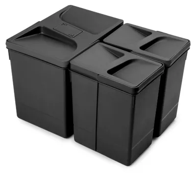 Image de Lot de 3 poubelles de tri Emuca Recycle pour tiroir de cuisine - 1 x 15 L et 2 x 7 L noir