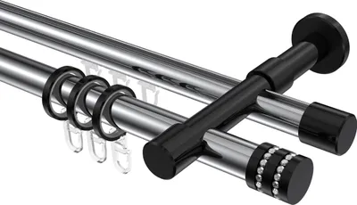 Produktbild von Interdeco Rundrohr-Innenlaufstange / Gardinenstange (Kombination) Chrom / Schwarz, Typ Prestige Estana (Glitzerkappe), 20 mm Ø 2-läufig, 480 cm